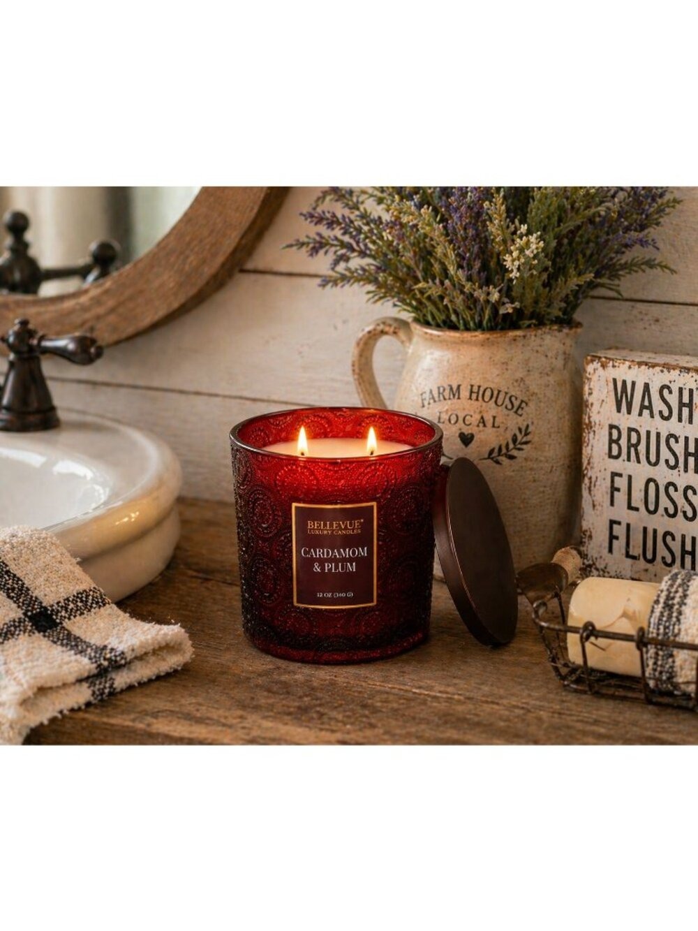 Bellevue Luxury 2-Wick Candle Cardamom & Plum 12oz Decorative Glass Jar NEW - Picture 8 of 8
